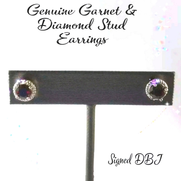 DBJ STERLING SILVER EARRINGS 2 DIAMOND GARNET STUD BUTTERFLY LOCK 2.1 G - Picture 1 of 8